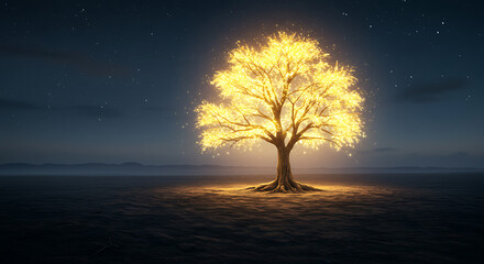 Glowing tree under starry night sky, evoking peace and wonder