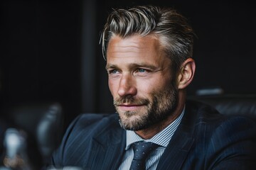 Obraz premium chief executive in tailored navy suit leading meeting with crisp features and studio lighting