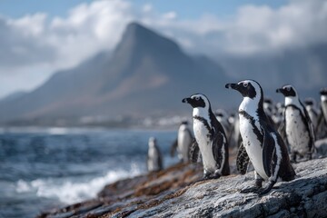 Fototapeta premium Colony of penguins on rugged rocky shoreline with vast ocean and expansive sky view
