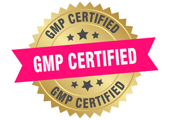 gmp certified. gmp certified round pink and gold label isolated on transparent background