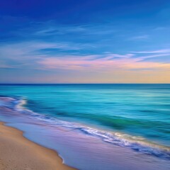 Obraz premium Tranquil beach at sunrise. Soft, pastel colors meet a serene turquoise ocean. Gentle waves wash onto a light beige shore. Pastel clouds paint the sky