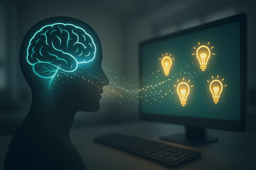 Illuminating Insights: A conceptual image of human head with a glowing brain, emitting sparks of ideas towards a computer screen, portraying the birth of thoughts and innovation.