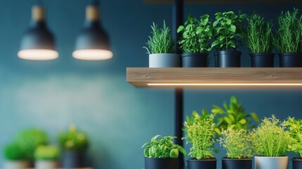 Indoor garden with diverse potted plants arranged on wooden shelves in a cozy space illuminated by warm lighting