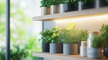 Greenery displayed in modern plant pots on a shelf with natural light filtering through a window