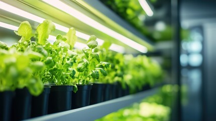 Indoor vertical garden featuring vibrant greens under bright LED lighting in an urban setting