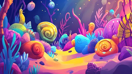 Underwater colorful snail scene
