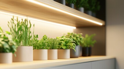 Indoor garden display with various potted herbs and plants under warm lighting