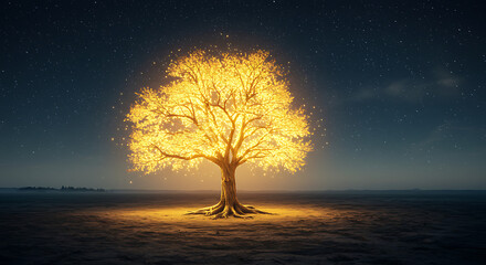 Illuminated tree under starry night sky with magical golden glow