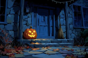 Halloween poster evokes warm cozy autumn vibes with carved pumpkin porch scene.