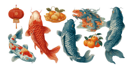 Colorful Koi Fish and Dragon Artwork on Transparent Background for Decor