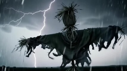 A tattered scarecrow standing alone in a desolate field during a thunderstorm, illuminated by dramatic flashes of lightning - Powered by Adobe