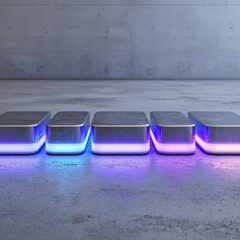 Five metal blocks, lit with vibrant light, sit on a concrete floor