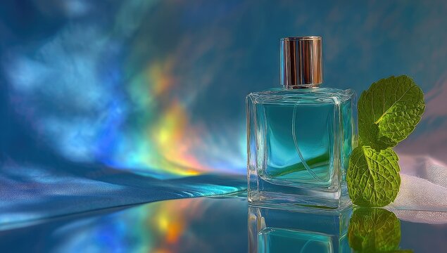 A teal perfume bottle sits on a reflective surface, beside mint leaves.  A vibrant, colorful, abstract background of light and color fills the image - Powered by Adobe