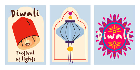 Happy Diwali festival posters set in cartoon flat style. Traditional Diya lamp, paper lanterns, fireworks. Indian festive cards design for greeting, invitation, banner, cover, flyer