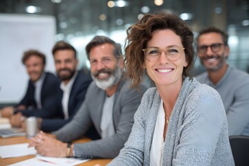 Premium smiling business team assembled around a spacious bright conference table in a sleek modern office
