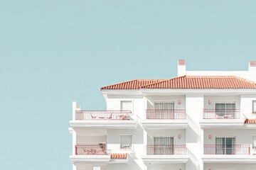 White Apartment Building With Terracotta Roof Against Pastel Sky