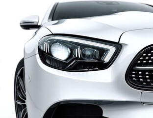 Fototapeta premium Close-up of a modern, white car's front end, highlighting headlights and grille
