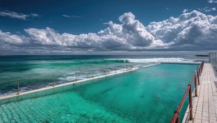 Turquoise pool meets ocean under dramatic sky
