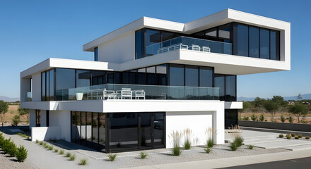 Modern minimalist house with geometric design and clean lines on sunny day