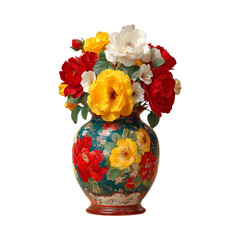 Vibrant Floral Still Life: Colorful Roses in Decorative Vase on transparent background