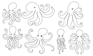 Fototapeta premium Vector set of contour octopus silhouettes isolated from background. Collection of outline monster with tentacles clip arts