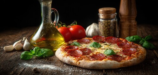 The mouthwatering pepperoni pizza surrounded by fresh ingredients and spices