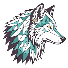 A geometric wolf head with teal and purple triangles creates a modern, abstract design, , showcasing a unique artistic style