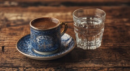 Turkish coffee cup and glass of water on rustic wood