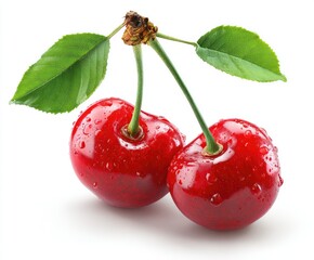 Two ripe cherries with leaves