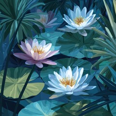 Lush pond with water lilies in a tropical setting