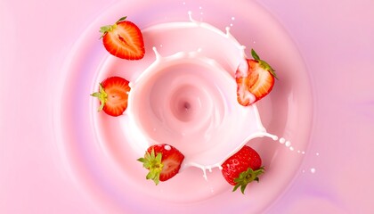 Strawberries splashing in pink milk, overhead