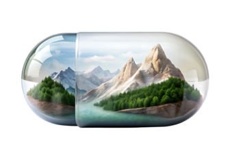 Abstract Concept Miniature Mountain Range Encapsulated Within a Transparent Pill Capsule on white background ,PNG.AI Generated.