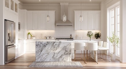 Bright, modern kitchen with white cabinets, marble island, and stainless appliances