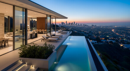 Modern luxury house with a pool and city view at sunset in los angeles