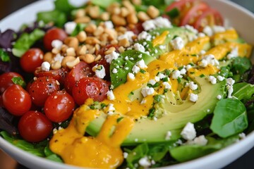 Fresh vibrant salad bowl with avocado, cherry tomatoes, and feta cheese