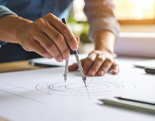 Engineer Using Compass On Blueprint