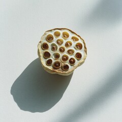 Dried lotus seed pod,  pale background,  sunlight