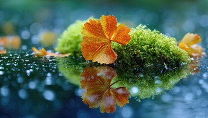 A vibrant orange leaf rests on a bed of moss, reflected perfectly in still water.  Soft bokeh surrounds the scene