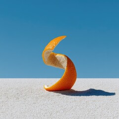 Orange peel spiral on sandy surface against vibrant blue sky