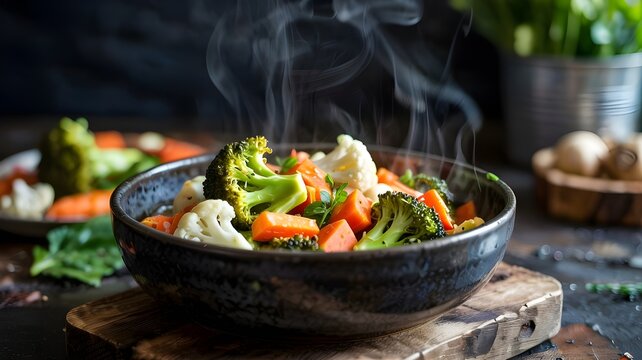 Steaming bowl of mixed vegetables including broccoli, cauliflower, and carrots, a healthy and delicious vegetarian meal - Powered by Adobe