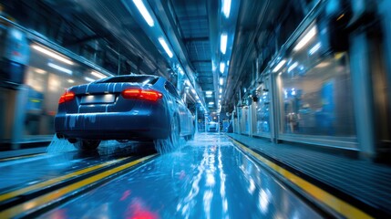 Medium shot of a streamlined water recycling system in action during a car wash with the car and employees blurred to emphasize ecoconscious technology.