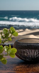 Ocean view, wooden table,  dark wicker bowl