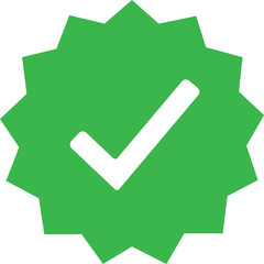 Verified checkmark icon inside a green starburst seal. A flat vector graphic symbol for approval, certification, and success. whatsapp