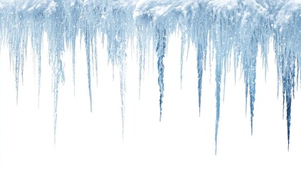Icicles cascade downward against a pure white background.  A collection of frosty icicles, varying in thickness and length, hang in a horizontal row.  