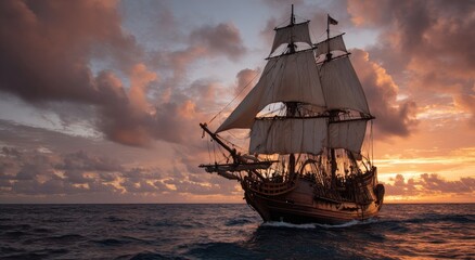 Obraz premium Wooden sailing ship at sunset. Vast, dramatic clouds