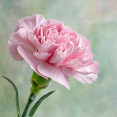 Close-up of a single, pale pink carnation.  Soft focus, gentle lighting, delicate petals