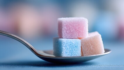 Three colorful sugar cubes rest on a spoon.  Close-up view, soft focus background