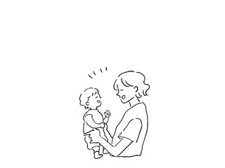 小さい子供を抱く女性の横顔、母親、親子、線画、