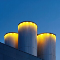 Three cylindrical structures, likely industrial tanks, are topped with rings of bright yellow lights against a twilight sky.  The tanks' corrugated metal surfaces are visible