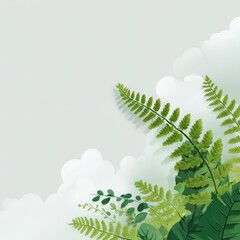 Delicate fern and foliage sprigs against a pale background with soft clouds